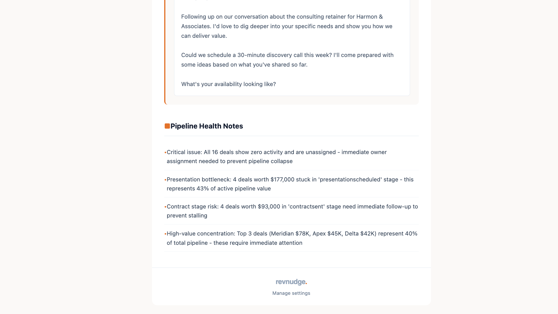 RevNudge pipeline health analysis email